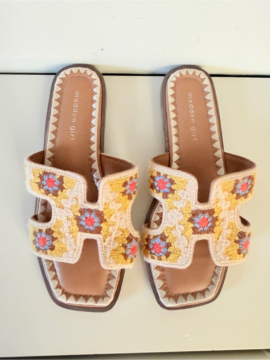 Madden Girl Shoes - Madden Girl Yellow Crochet Slide Sandals with Floral Accent. 8.5